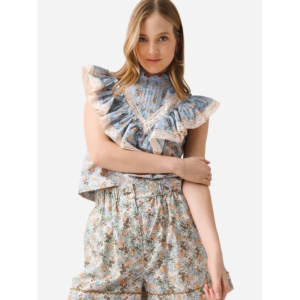 Hunter Bell Katrina Top XS Blue Floral Cotton Ruffle Lace Trim Button Blouse
